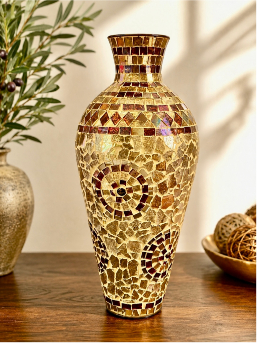 Pier 1 Mosaic Decorative Vase – Bronze, Gold & Red – 14”